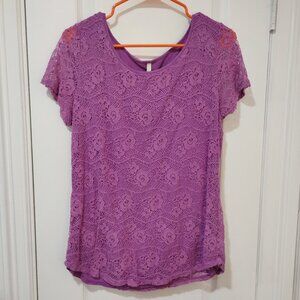 Leo & Nicole Womens short sleeve overlay floral lace Fuschia blouse, size Large